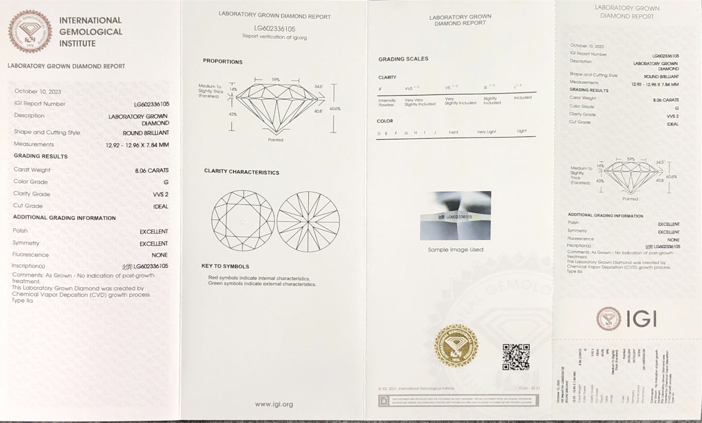 CVD LG602336105 Round Shape 8.06CT G VVS2 ID EX EX H-LG0958 8.07CT G VVS2 5EX Lab Grown Diamond