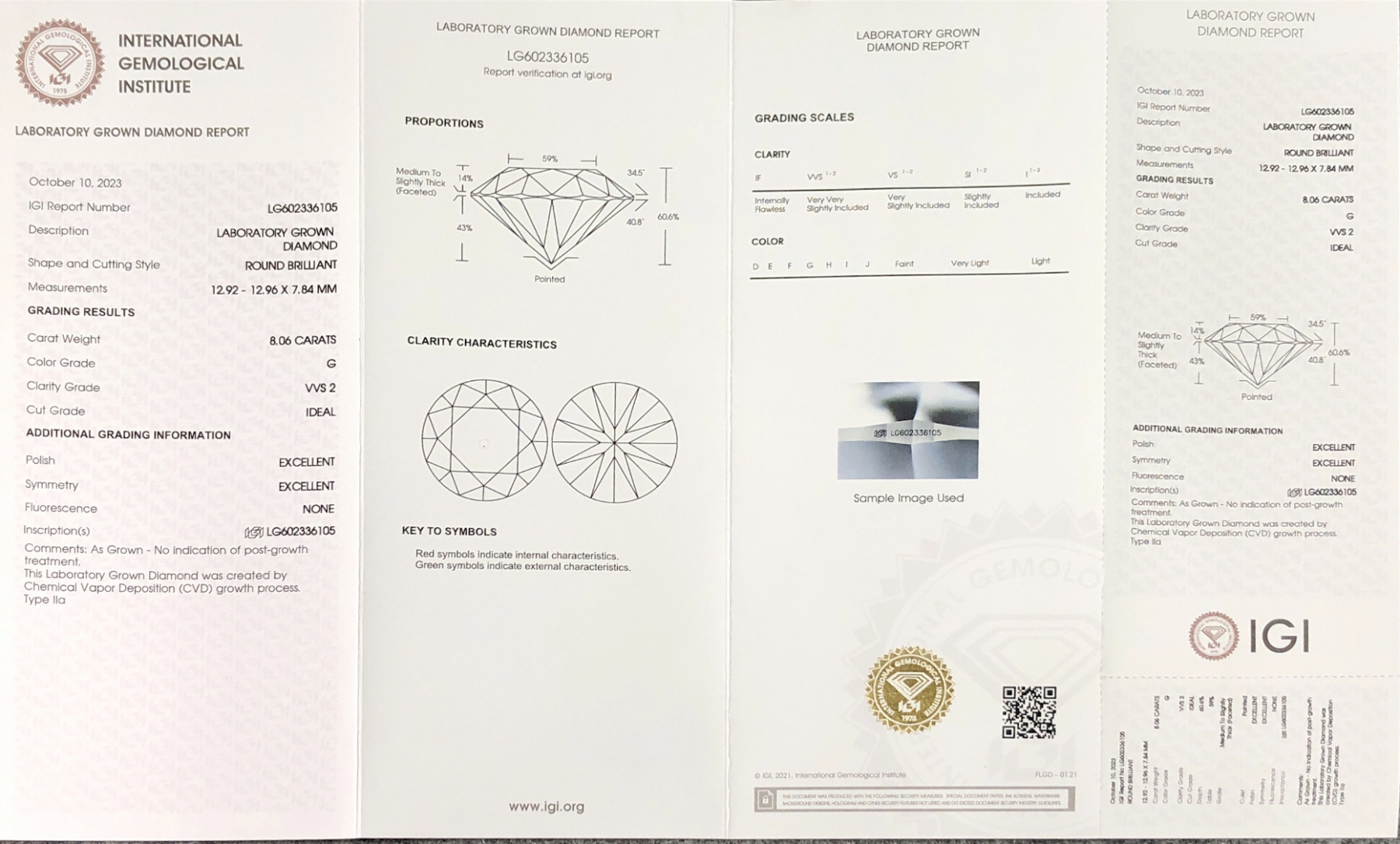 CVD LG602336105 Round Shape 8.06CT G VVS2 ID EX EX H-LG0958 8.07CT G VVS2 5EX Lab Grown Diamond