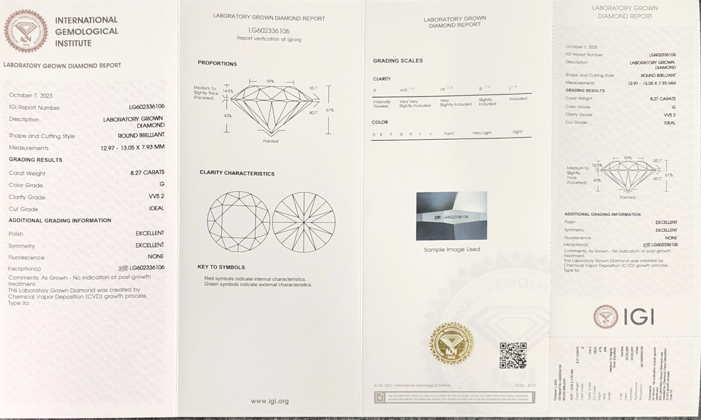 CVD LG602336106 Round Shape 8.27CT G VVS2 ID EX EX H-LG0955 8.27CT G VVS2 5EX Lab Grown Diamond