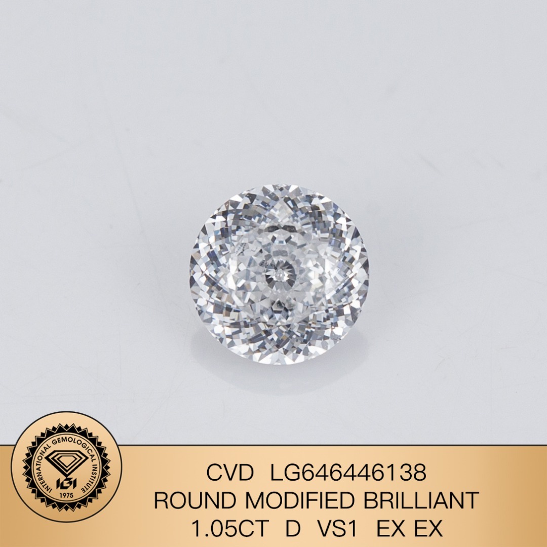 MissDiamond CVD LG646446138 Round Modified Brilliant 1.05CT D VS1 EX EX Lab Grown Diamond