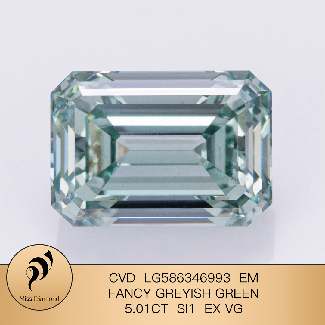 MissDiamond CVD LG586346993 Emerald Cut fancy Greyish Green5.01CT SI1 EX VG Lab Grown Diamond