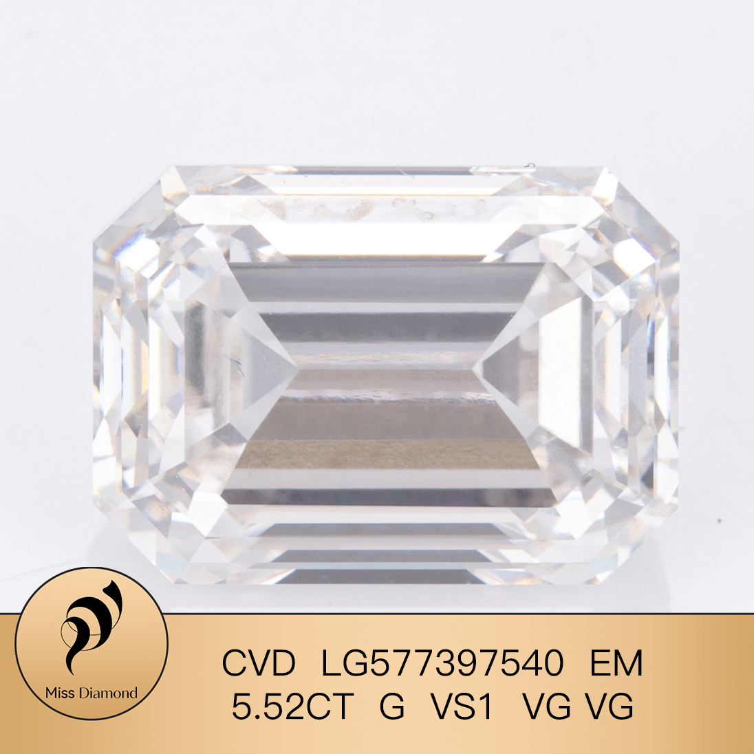 MissDiamond CVD LG577397540 Emerald Shape 5.52CT G VS1 VG VG Lab Grown Diamond