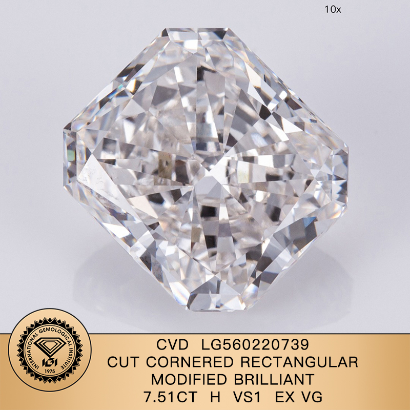 CVD LG560220739 Cut Cornered Rectangular Modified Brilliant 7.51CT H VS1 EX VG Lab Grown Diamond