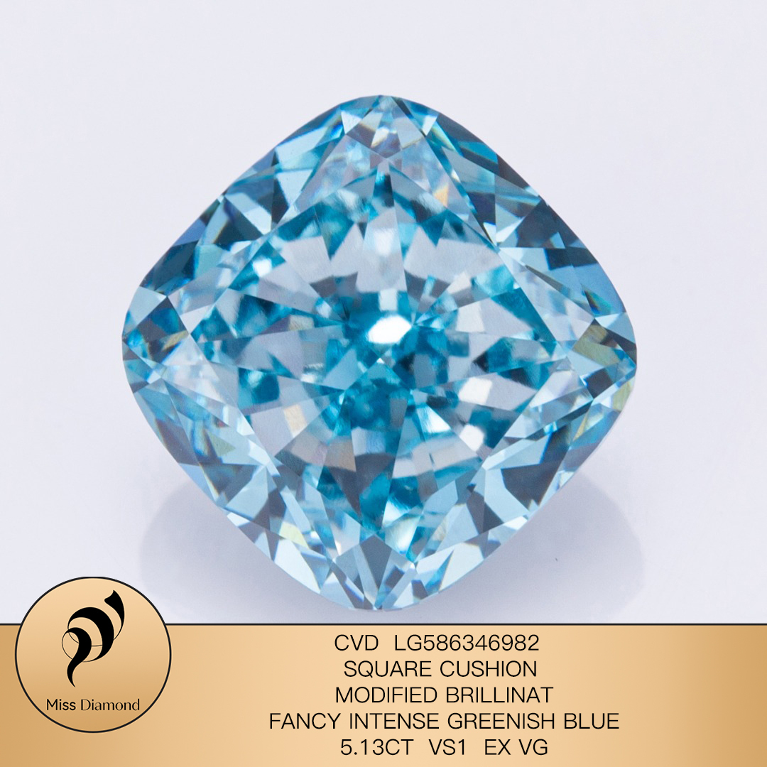 MissDiamond CVD LG586346982 Square Cushion Modified Brillinat Fancy Intense Greenish Blue 5.13CT VS1 EX VG Lab Grown Diamond