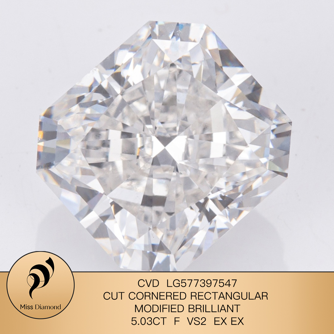 MissDiamond CVD LG577397547 Radiant Cut 5.03CT F VS2 EX EX Lab Grown Diamond