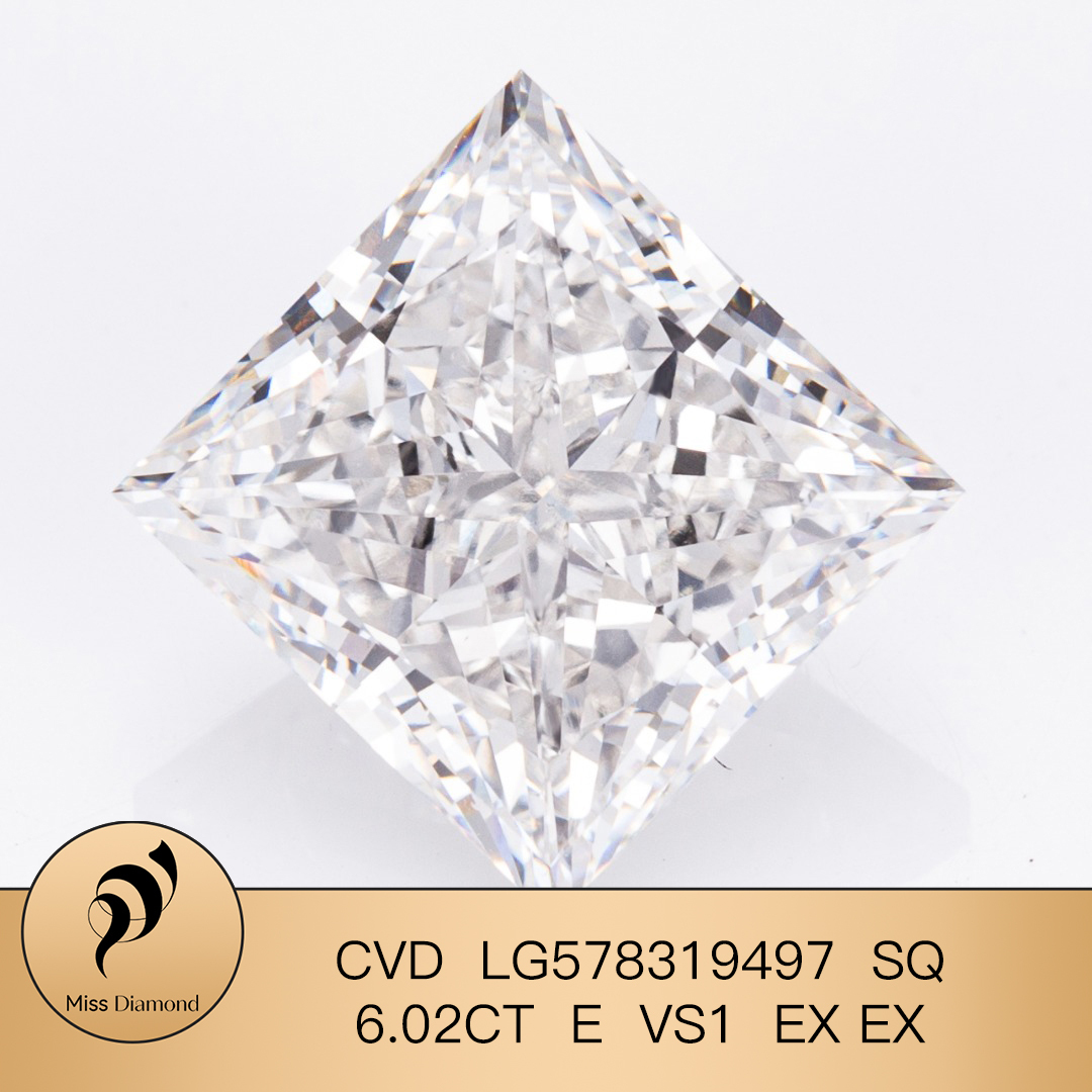 MissDiamond CVD LG578319497 Princess Cut 6.02CT E VS1 EX EX Lab Grown Diamond