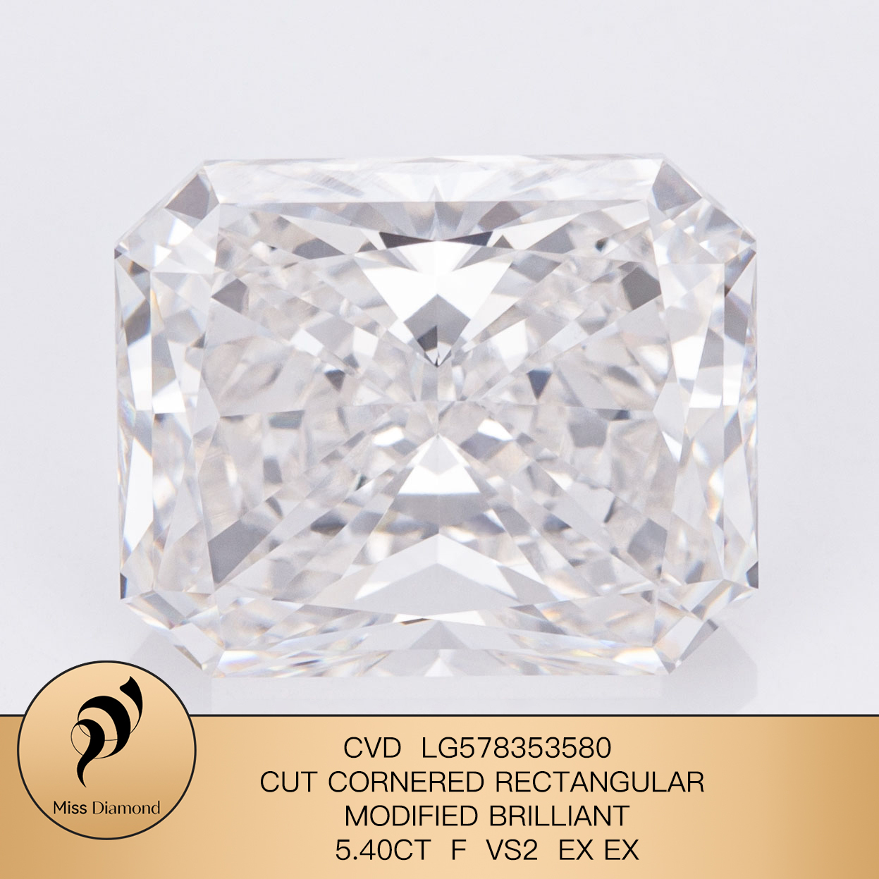 MissDiamond CVD LG578353580 Radiant Cut 5.40CT F VS2 EX EX Lab Grown Diamond