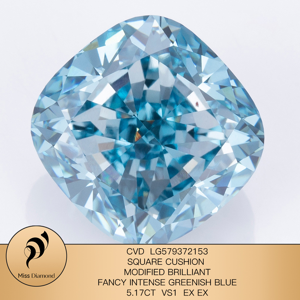 MissDiamond CVD LG579372153 Square Cushion Modified Brillinat Fancy Intense Greenish Blue 5.17CT VS1 EX EX Lab Grown Diamond