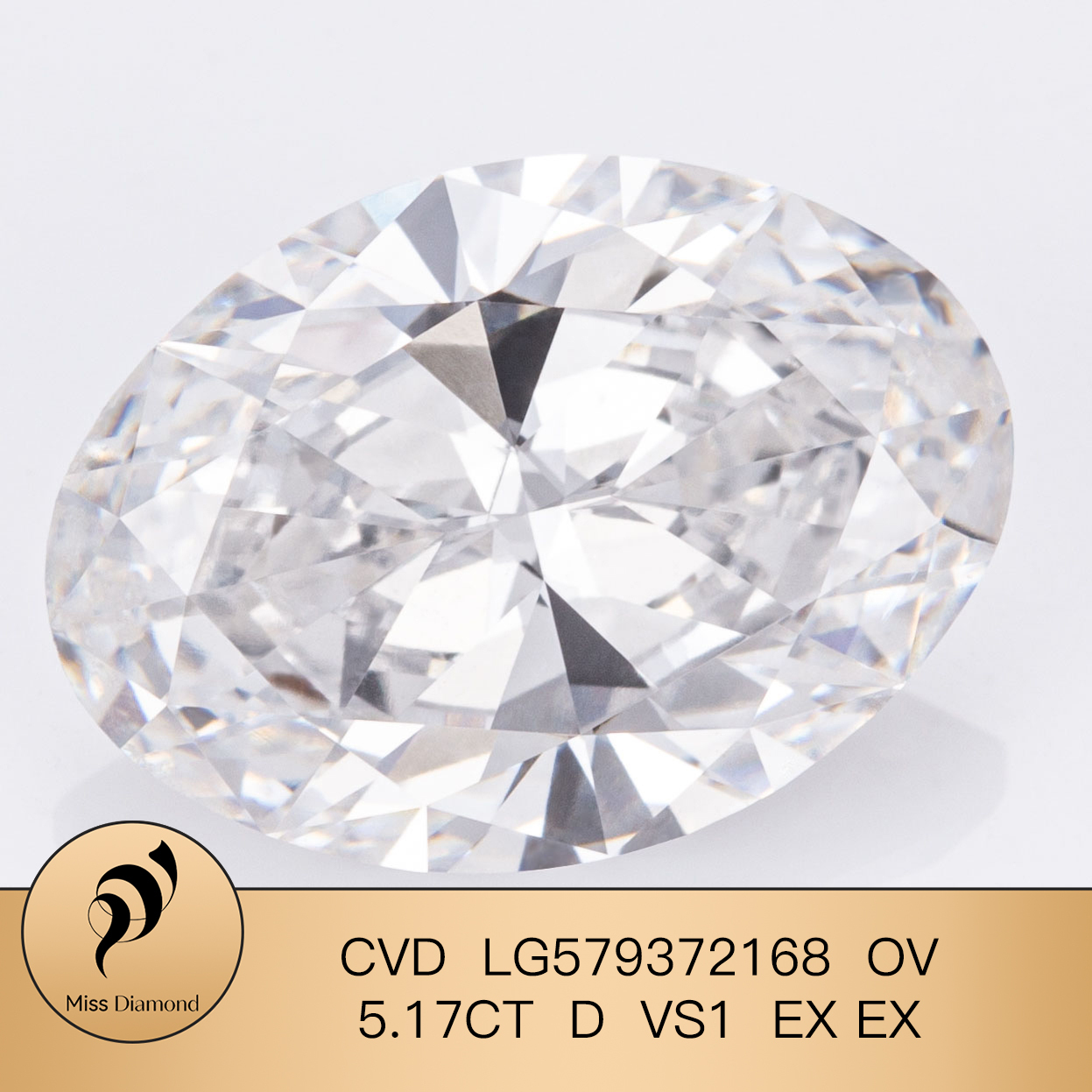 MissDiamond CVD LG579372168 Oval Cut 5.17CT D VS1 EX EX Lab Grown Diamond