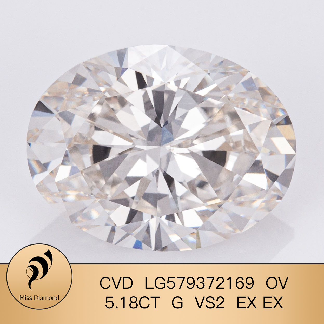 MissDiamond CVD LG579372169 Oval Cut 5.18CT G VS2 EX EX Lab Grown Diamond