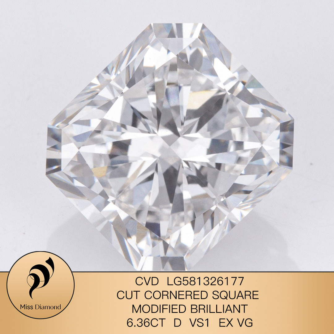 MissDiamond CVD LG581326177 Cut Cornered Square Modified Brilliant 6.36CT D VS1 EX VG Lab Grown Diamond