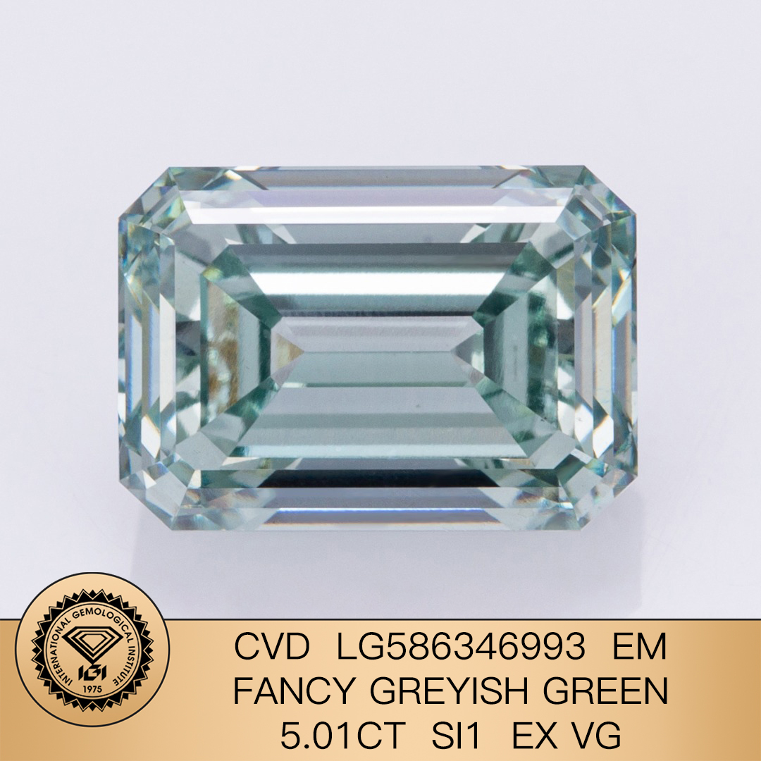 MissDiamond CVD LG586346993 Emerald Cut fancy Greyish Green5.01CT SI1 EX VG Lab Grown Diamond