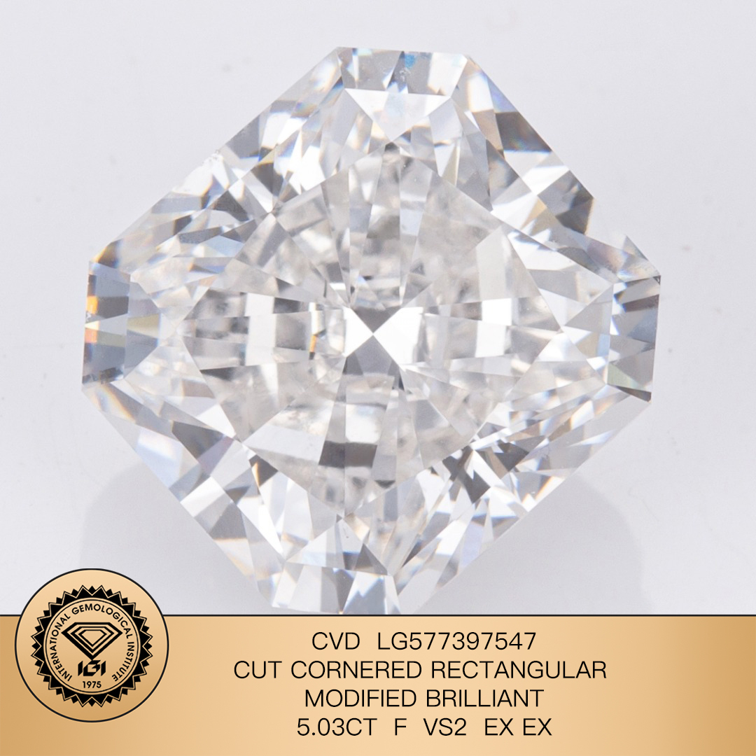 MissDiamond CVD LG577397547 Radiant Cut 5.03CT F VS2 EX EX Lab Grown Diamond