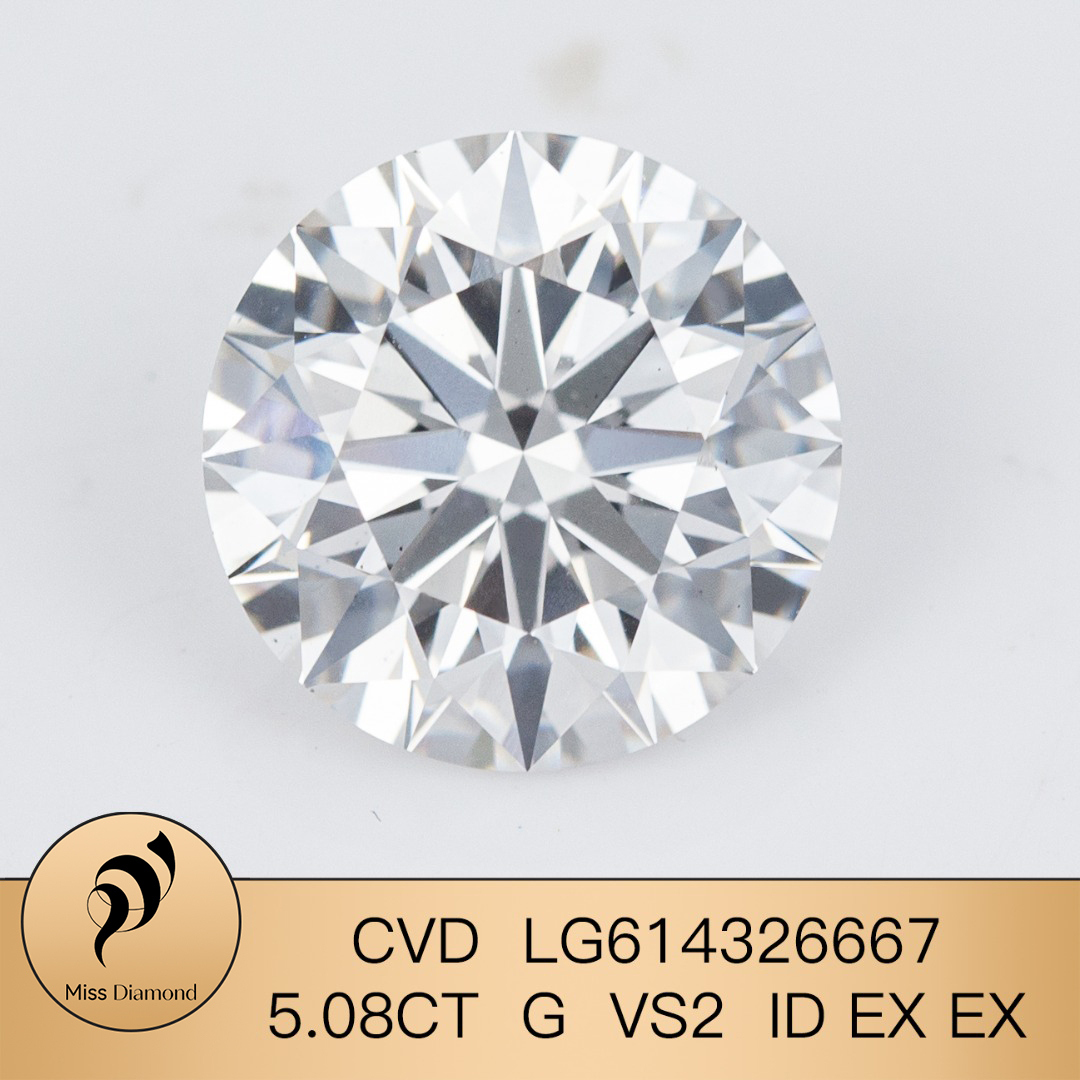 MissDiamond CVD LG614326667 Round Cut 5.08CT G VS2 ID EX EX Lab Grown Diamond