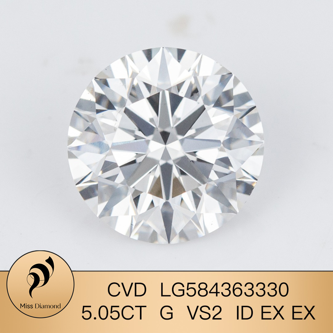 MissDiamond CVD LG584363330 Round Cut 5.05CT G VS2 ID EX EX Lab Grown Diamond