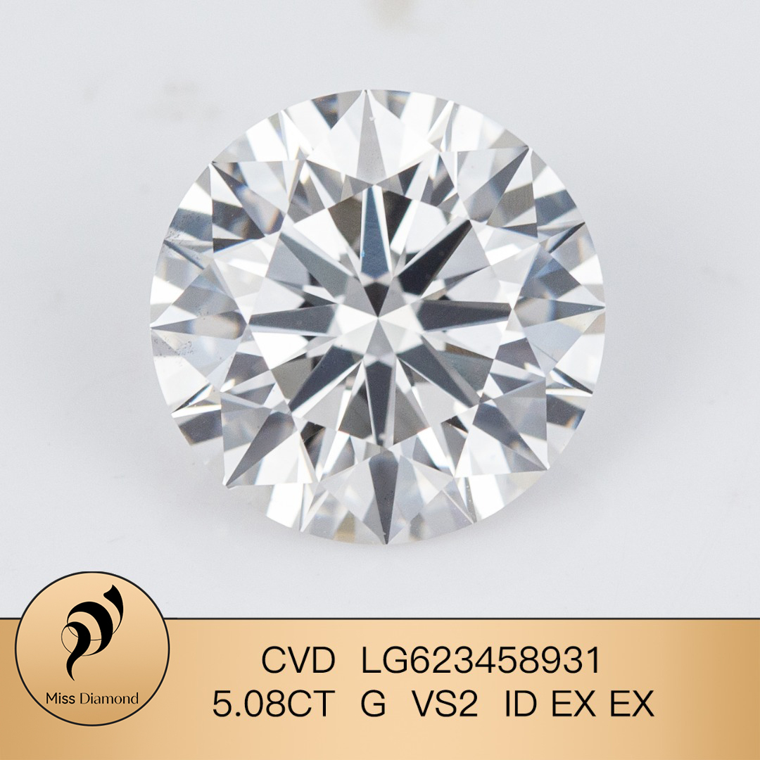 MissDiamond CVD LG623458931 Round Cut 5.08CT G VS2 ID EX EX Lab Grown Diamond