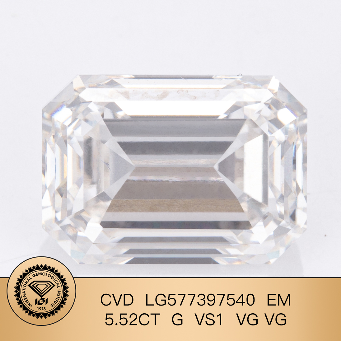 MissDiamond CVD LG577397540 Emerald Shape 5.52CT G VS1 VG VG Lab Grown Diamond