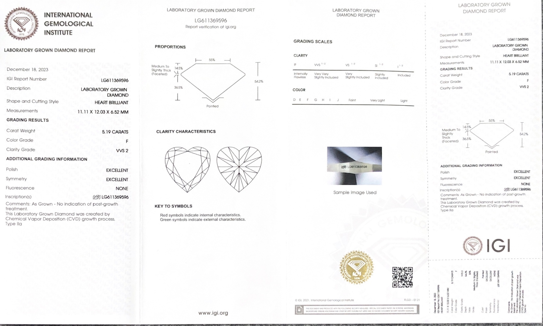 Lab Diamond CVD LG611369596 Heart Shape 5.19CT F VVS2 EX EX