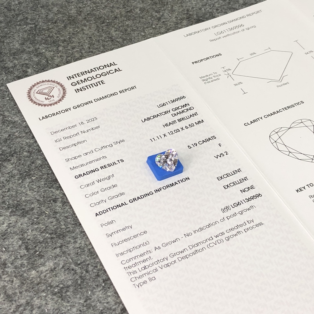 Lab Diamond CVD LG611369596 Heart Shape 5.19CT F VVS2 EX EX