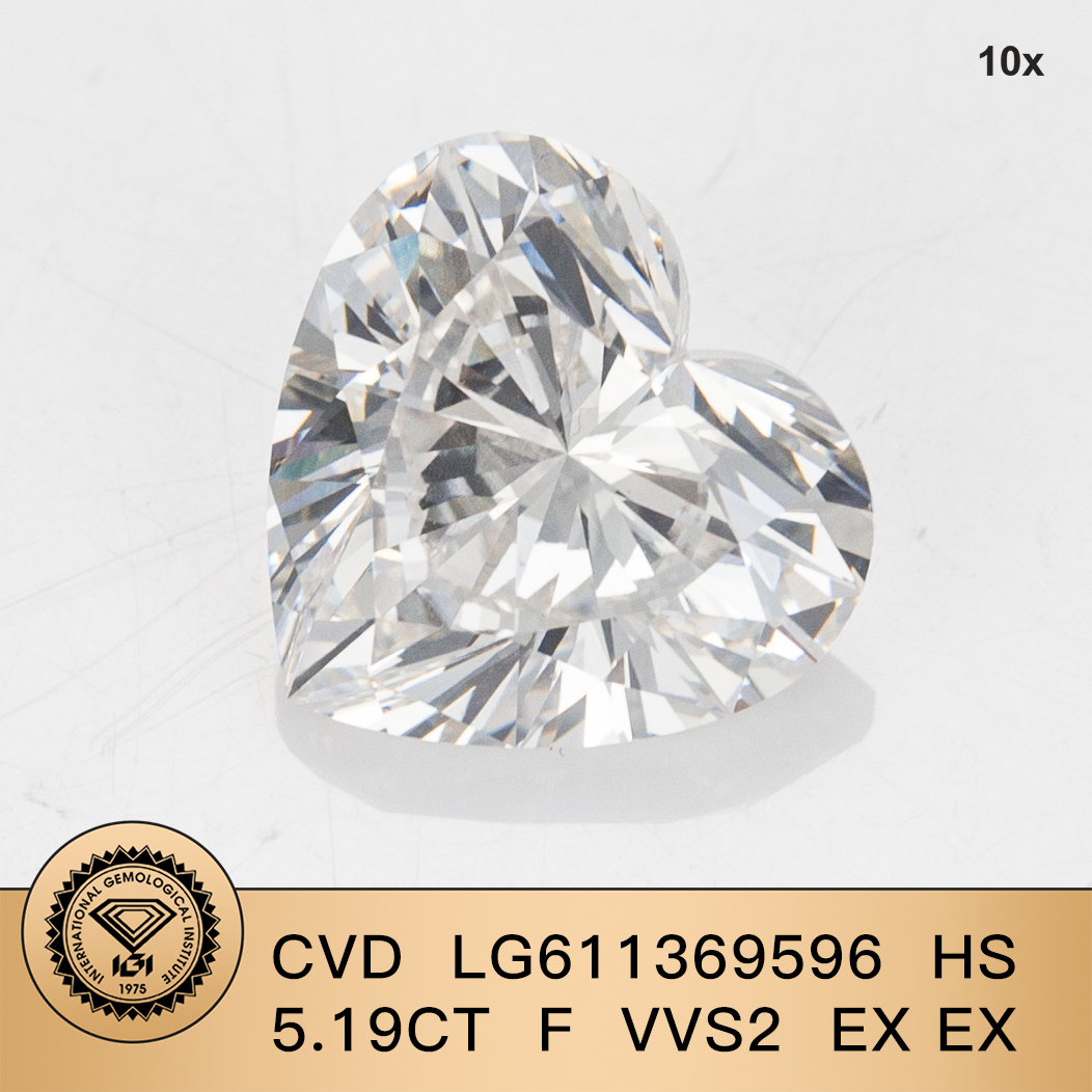 Lab Diamond CVD LG611369596 Heart Shape 5.19CT F VVS2 EX EX