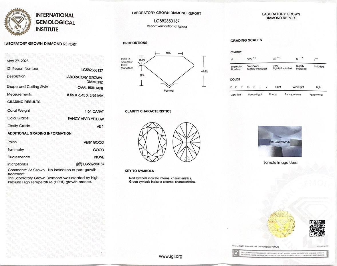 MissDiamond HPHT LG582353137 Oval Shape 1.64CT Fancy Vivid Yellow VS1 VG GD Lab Grown Diamond