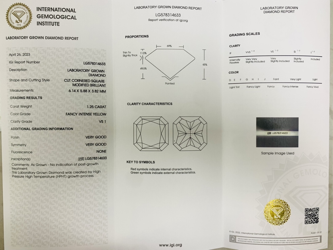 MissDiamond HPHT LG578314633 Radiant Shape 1.25CT Fancy Intense Yellow VS1 VG VG Lab Grown Diamond