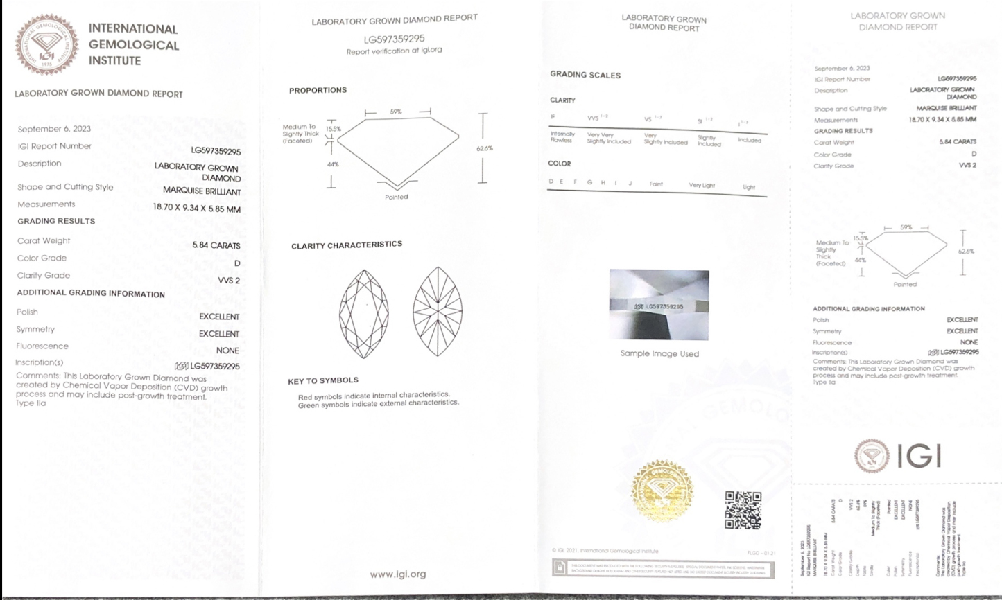 MissDiamond CVD LG597359295 Marquise Shape 5.84CT D VVS2 EX EX Lab Grown Diamond