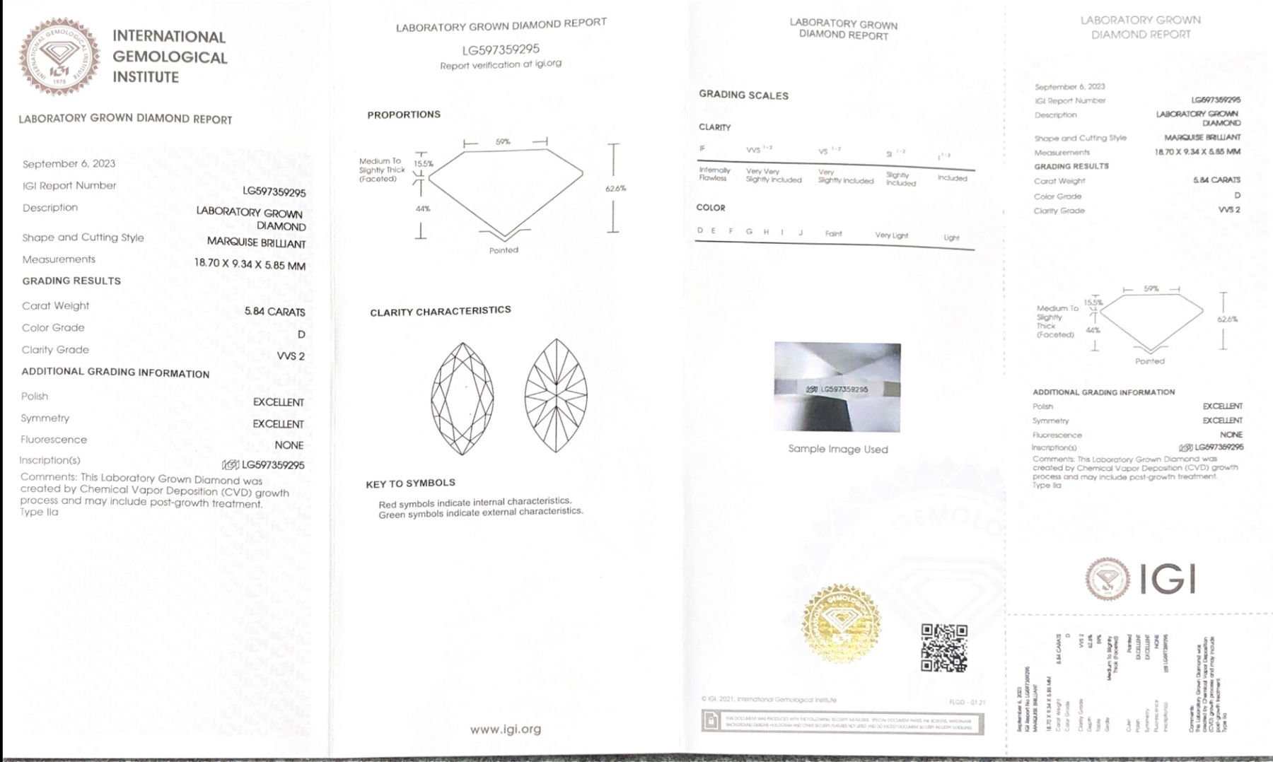 MissDiamond CVD LG597359295 Marquise Shape 5.84CT D VVS2 EX EX Lab Grown Diamond