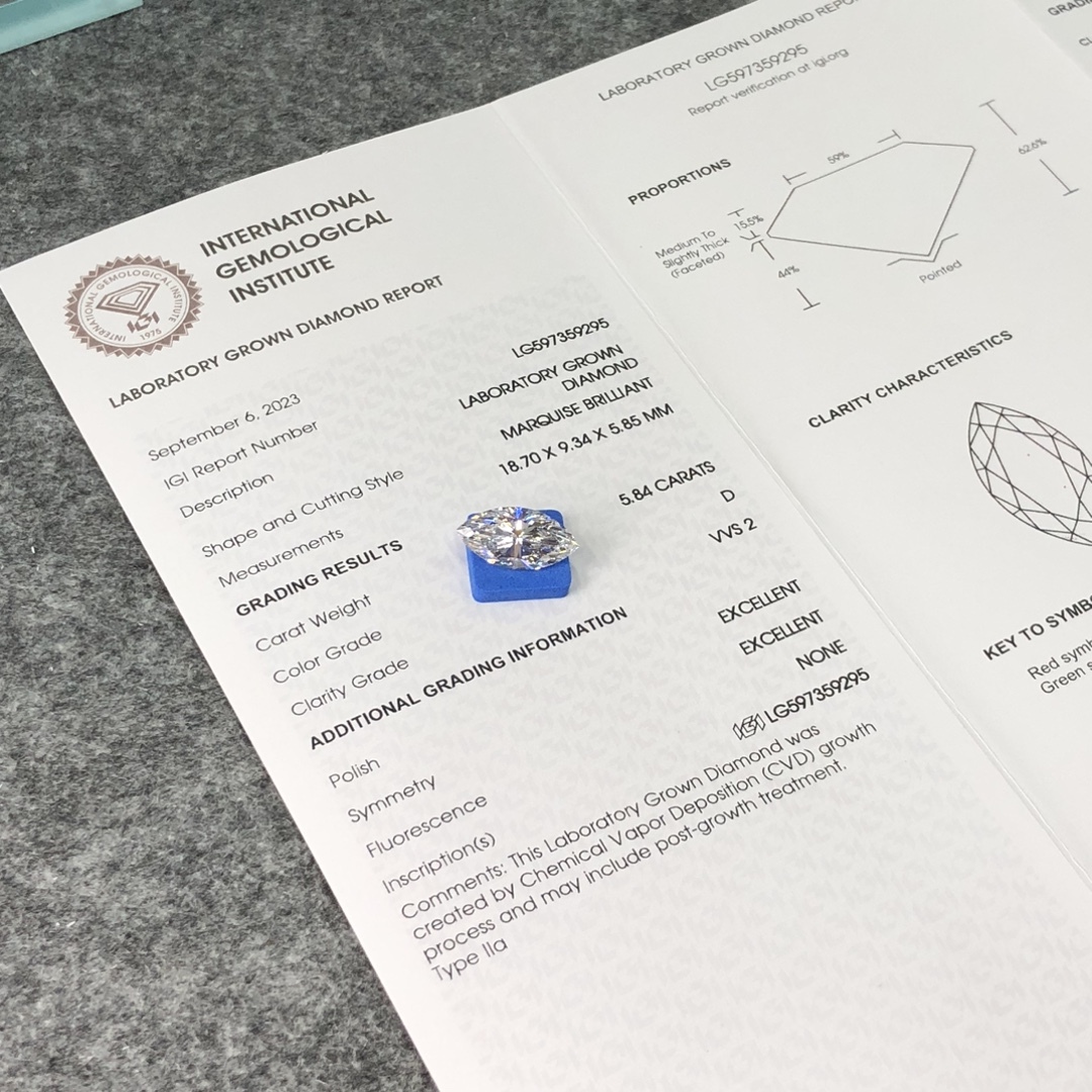 MissDiamond CVD LG597359295 Marquise Shape 5.84CT D VVS2 EX EX Lab Grown Diamond