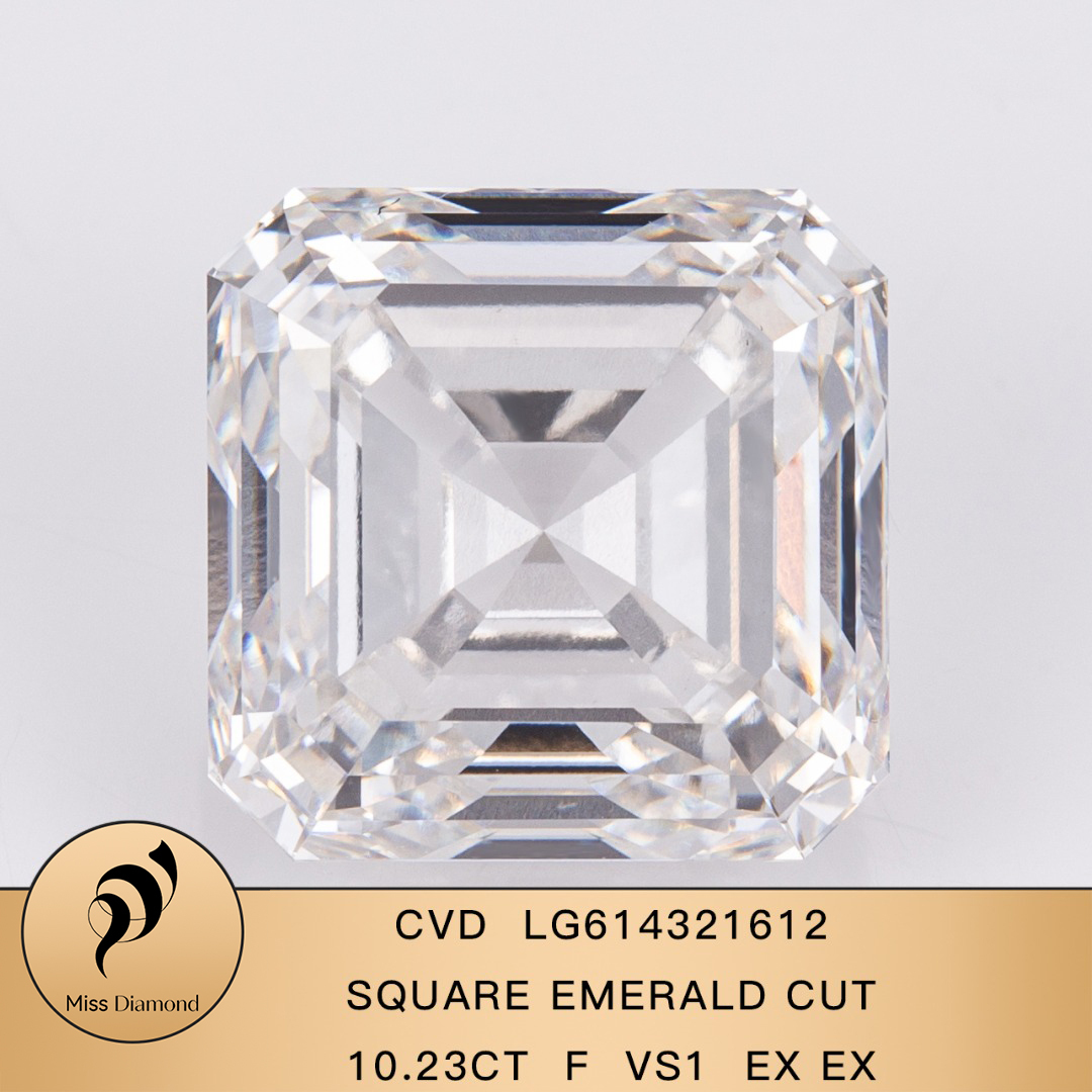 MissDiamond CVD LG614321612 SQUARE EMERALD CUT 10.23CT F VS1 EX EX Lab Grown Diamond