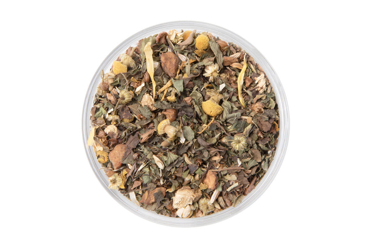 Loose-leaf Afterlunch herbal infusion with chamomile, lemon balm, peppermint, and botanicals
