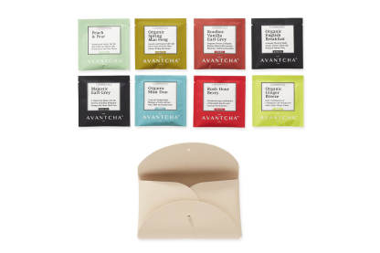 Set of 8 premium silk teabag envelopes from the Travel Tea Pouch, showcasing variety and quality for tea lovers