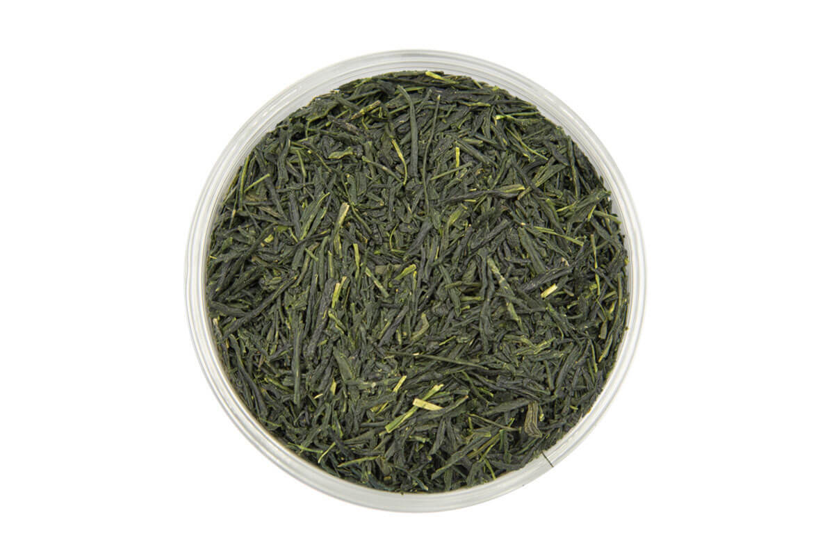 Beautiful, deep green pine-like needles of Gyokuro Japanese Green Tea from Kirishima, Japan