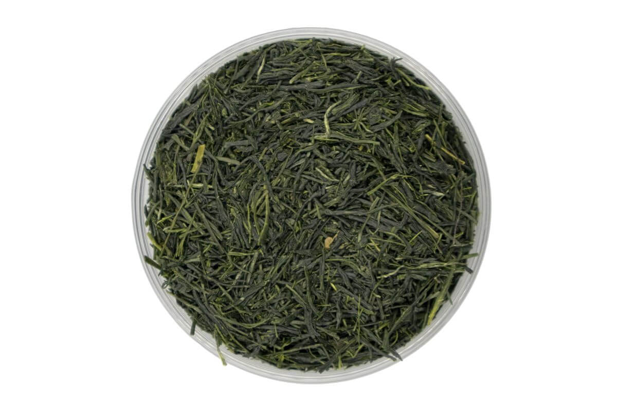 Close-up of vibrant Gyokuro Okabe Gokou tea leaves from Okabe, handplucked and shade-grown