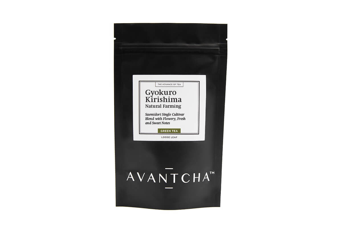 An airtight pouch filled with naturally farmed Japanese Gyokuro tea from Kirishima