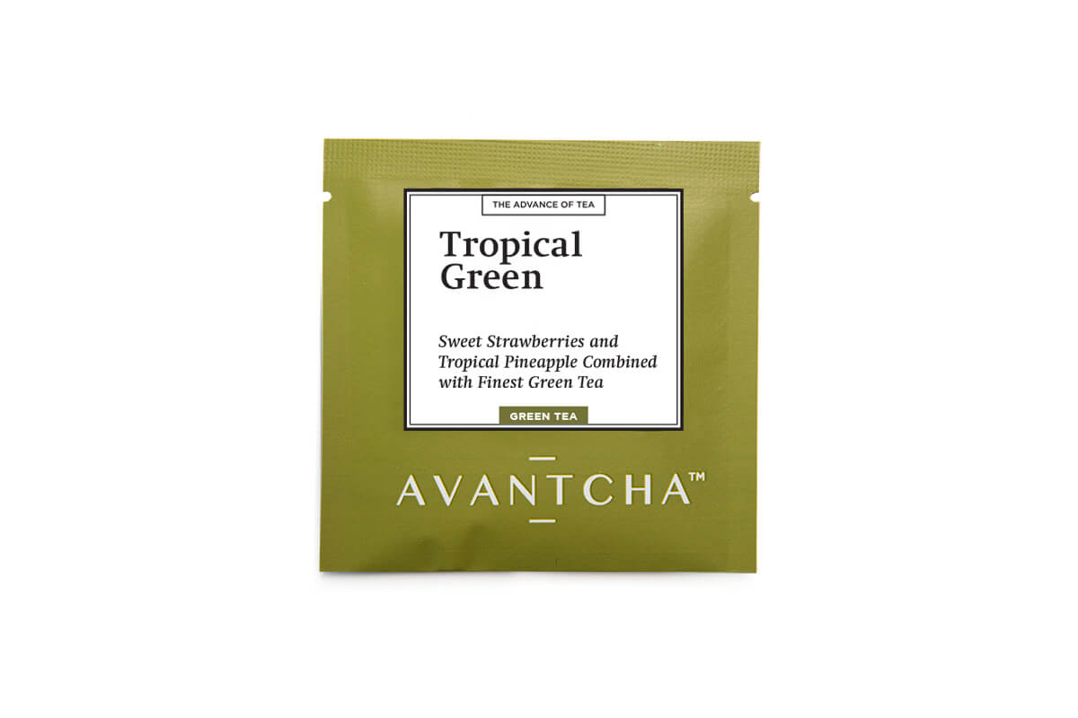 Tropical Green Silk Teabag sealed in an envelope to preserve freshness