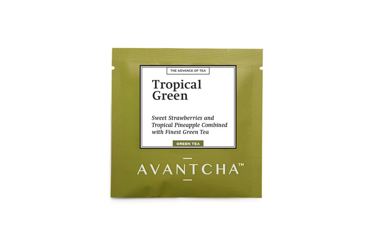 Tropical Green Silk Teabag sealed in an envelope to preserve freshness