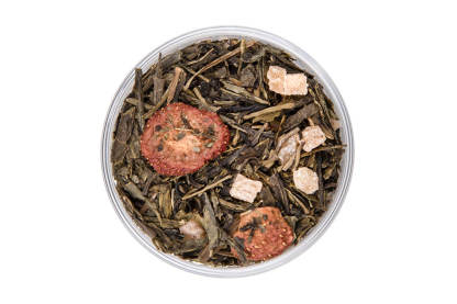 Loose Tropical Green tea leaves with pineapple pieces, strawberry slices, and peach 