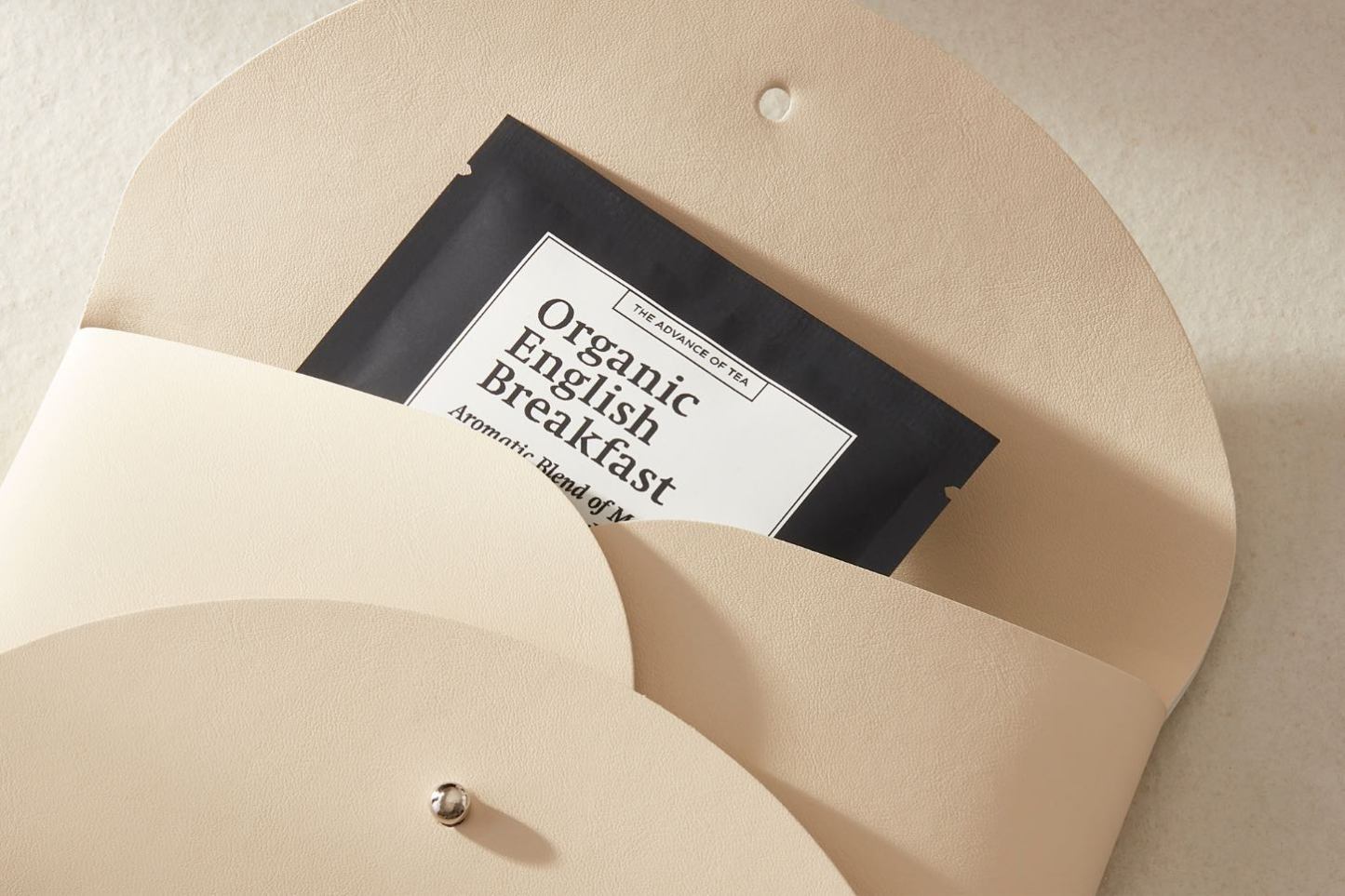 Travel Tea Pouch in beige, soft-grain PU leather, lightweight and stylish, perfect for carrying teas on the go