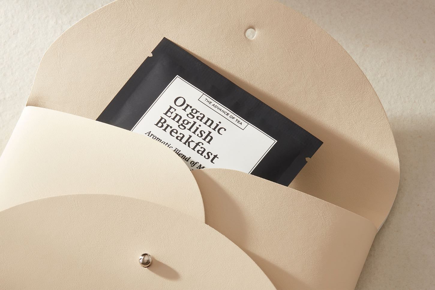 Travel Tea Pouch in beige, soft-grain PU leather, lightweight and stylish, perfect for carrying teas on the go