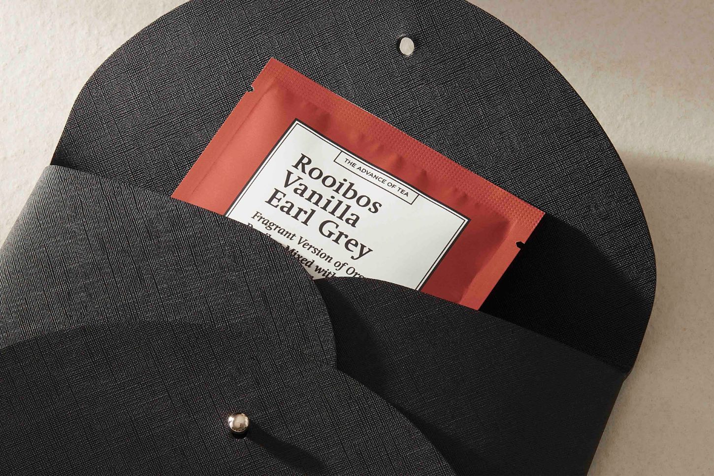 Travel Tea Pouch in black, soft-grain PU leather, lightweight and stylish, perfect for carrying teas on the go
