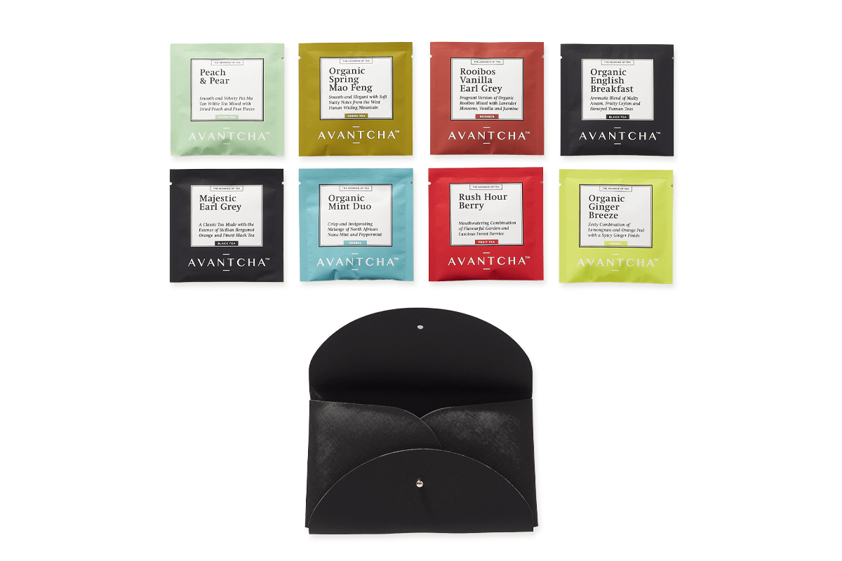 Set of 8 premium silk teabag envelopes from the Travel Tea Pouch, showcasing variety and quality for tea lovers
