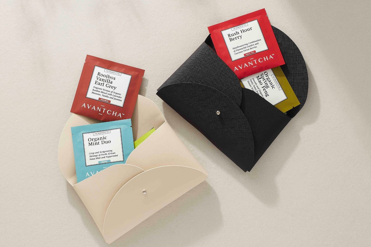 Travel Tea Pouch in black or beige with 8 premium silk teabags, lightweight PU leather, perfect for tea lovers on the go