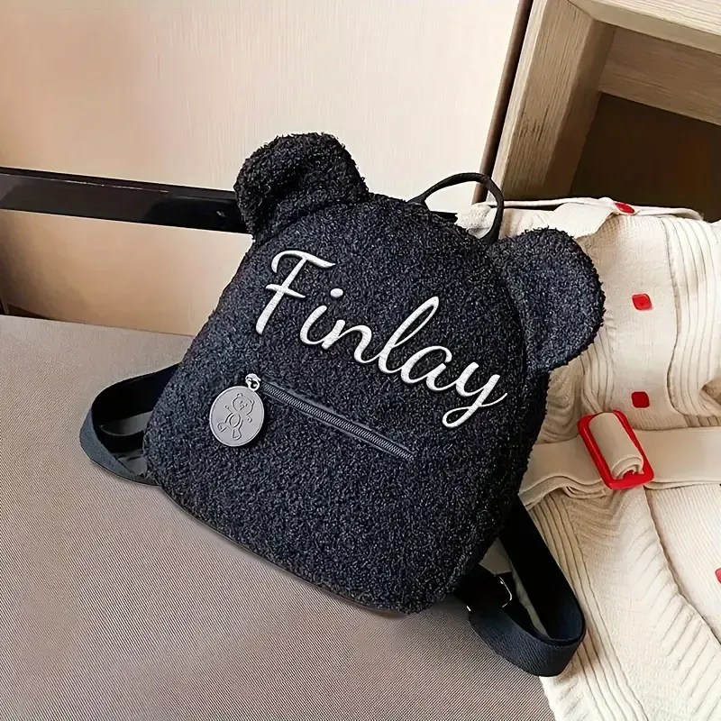 Personalized Custom Embroidered Text Backpack, Cute Bear Ears Plush Backpack, Sherpa Fleece Backpack, Holiday Gift, Customized Name Travel Backpack(Shoulder Strap Adjustment Range: 17.72inch-33.46inch)