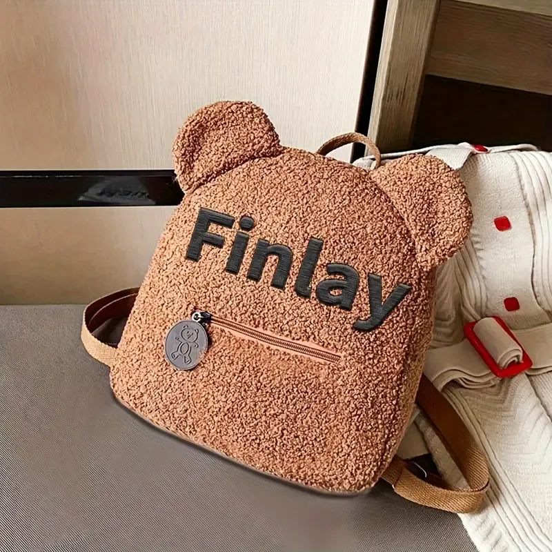 Personalized Custom Embroidered Text Backpack, Cute Bear Ears Plush Backpack, Sherpa Fleece Backpack, Holiday Gift, Customized Name Travel Backpack(Shoulder Strap Adjustment Range: 17.72inch-33.46inch)
