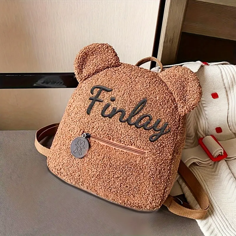 Personalized Custom Embroidered Text Backpack, Cute Bear Ears Plush Backpack, Sherpa Fleece Backpack, Holiday Gift, Customized Name Travel Backpack(Shoulder Strap Adjustment Range: 17.72inch-33.46inch)