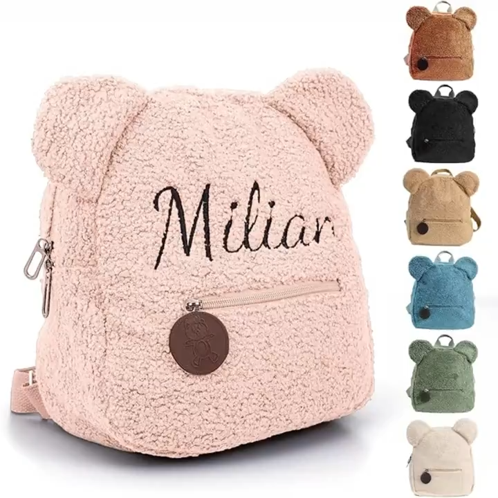 Personalized Custom Embroidered Text Backpack, Cute Bear Ears Plush Backpack, Sherpa Fleece Backpack, Holiday Gift, Customized Name Travel Backpack(Shoulder Strap Adjustment Range: 17.72inch-33.46inch)