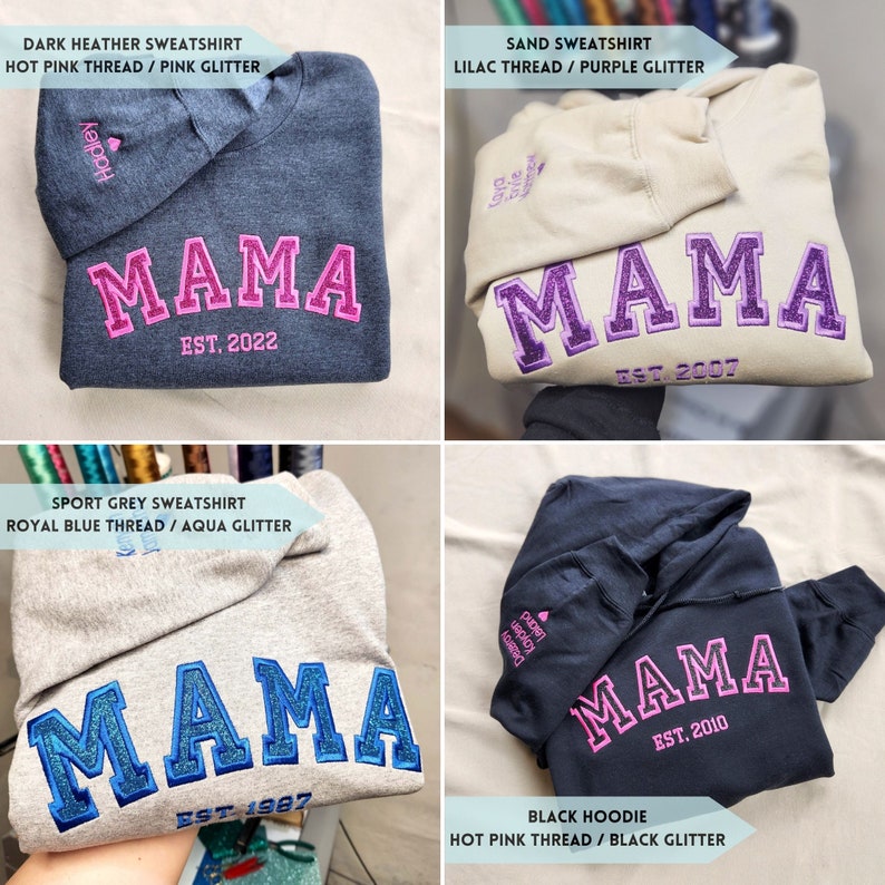 Custom Embroidered Mama Sweatshirt with Kids Names on Sleeve New Mom Hoodie Personalized Gift for Mom Crewneck Pullover