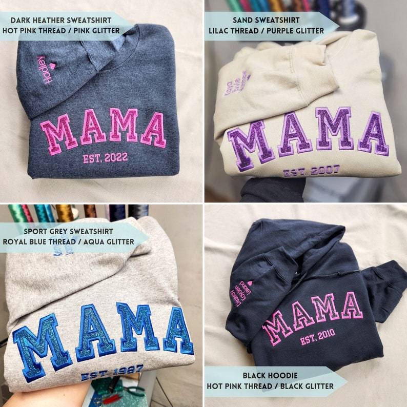 Custom Embroidered Mama Sweatshirt with Kids Names on Sleeve New Mom Hoodie Personalized Gift for Mom Crewneck Pullover
