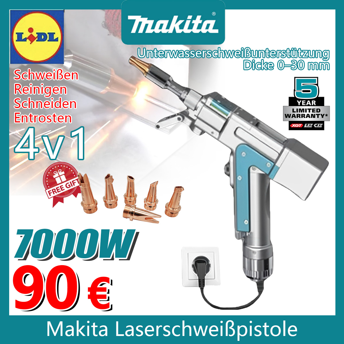 🚀 Letzter Tag – Sonderangebot! Makita 7000 W Innovative tragbare Laserschweißpistole 4-in-1 (Schweißen + Reinigen + Schneiden + Rostentfernung)